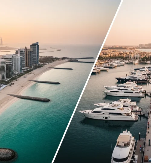 Emaar Beachfront private beach and towers contrasted with Rashid Yachts & Marina superyacht harbor at sunset in Dubai.