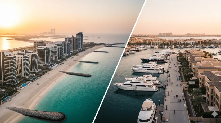 Emaar Beachfront private beach and towers contrasted with Rashid Yachts & Marina superyacht harbor at sunset in Dubai.