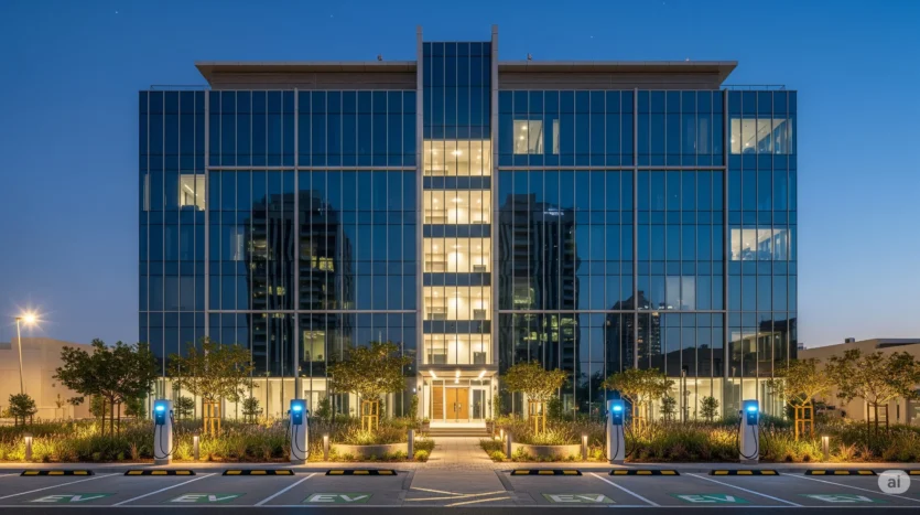 Dubai mid‑rise with EV chargers and efficient LED lighting in a landscaped entry.