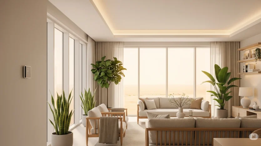 Sunlit Dubai apartment with high‑performance windows, smart thermostat, and LED lighting.