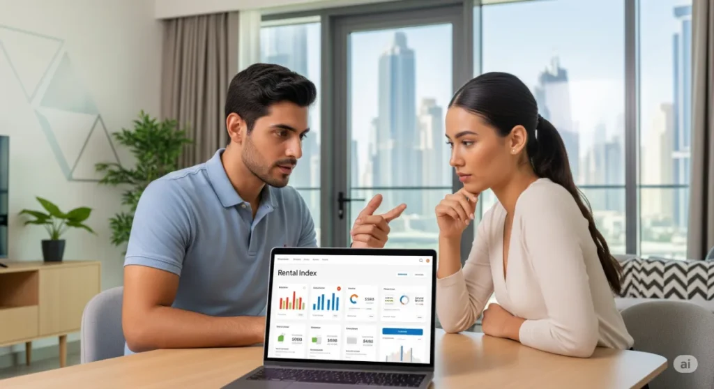 Tenants in Dubai checking the rental index on a laptop to compare market rent