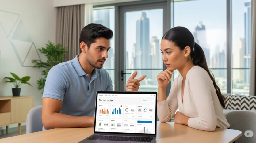 Tenants in Dubai checking the rental index on a laptop to compare market rent