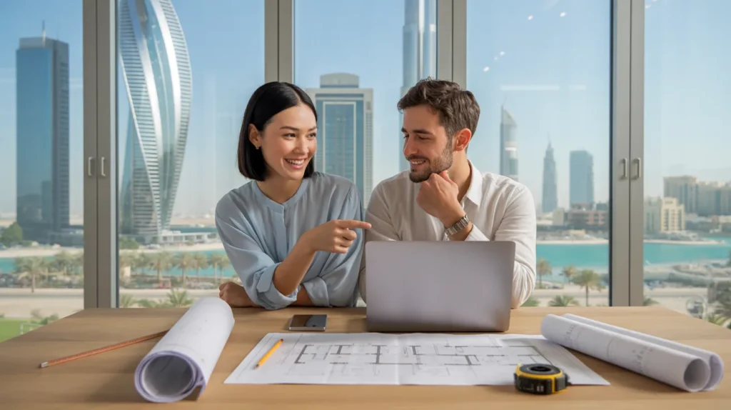 First-time buyers reviewing off-plan blueprints with Dubai skyline backdrop