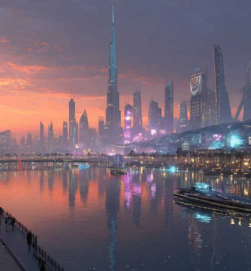 Futuristic Dubai skyline at sunset