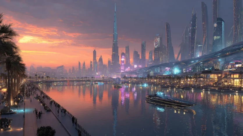 Futuristic Dubai skyline at sunset
