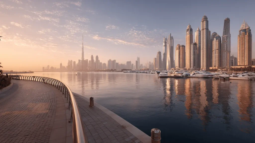 Dubai skyline at sunrise with Burj Khalifa and waterfront — 2025 home price guide