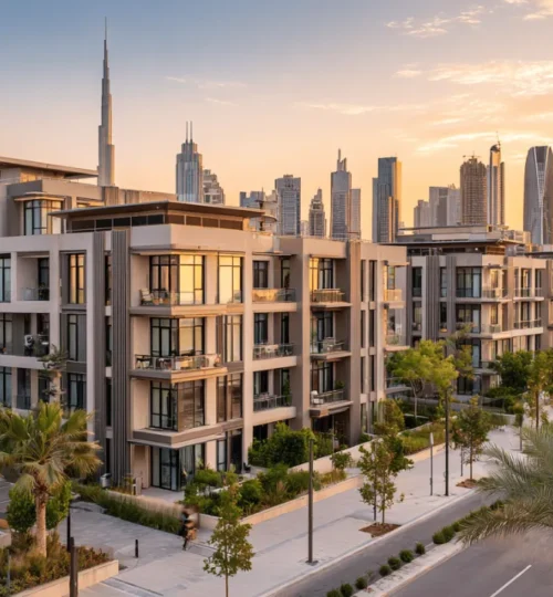 Dubai skyline with affordable residential buildings in the foreground, illustrating cheap apartments in Dubai
