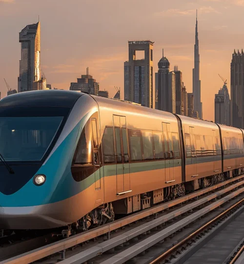 Dubai Metro train gliding past the skyline at sunrise