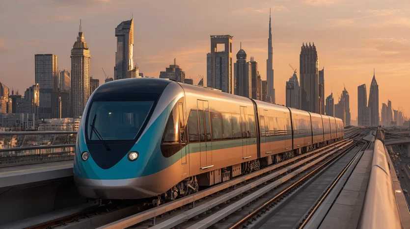 Dubai Metro train gliding past the skyline at sunrise