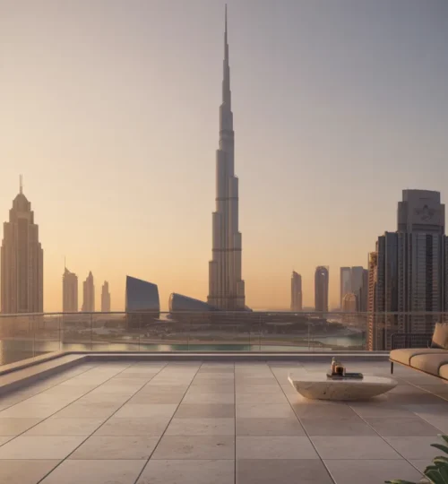 Dubai skyline at sunset from a luxury penthouse terrace with Burj Khalifa view