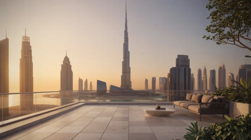 Dubai skyline at sunset from a luxury penthouse terrace with Burj Khalifa view