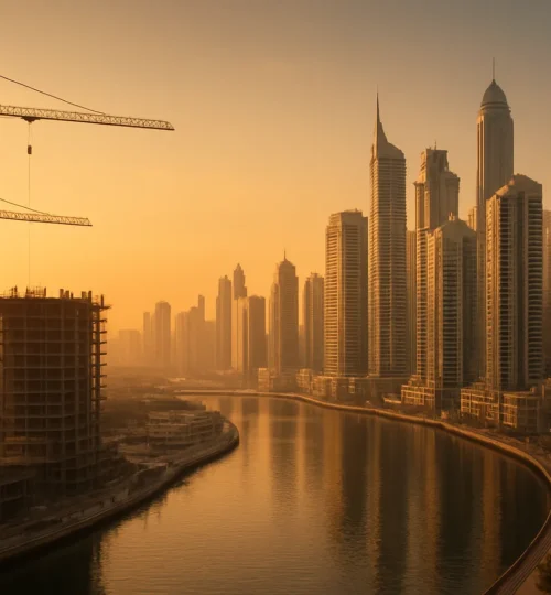 Dubai skyline with cranes and completed towers illustrating the ready vs off‑plan price gap in 2025