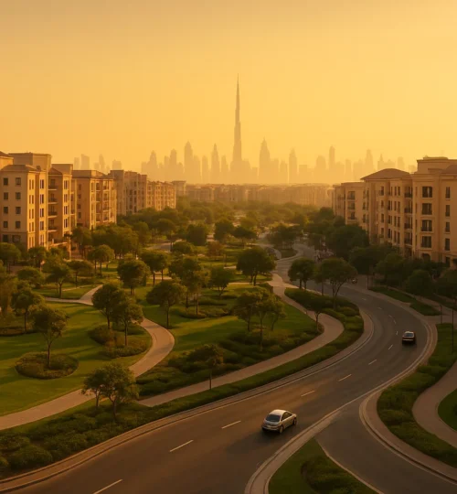 JVC area guide view of Jumeirah Village Circle, Dubai with parks and mid-rise homes