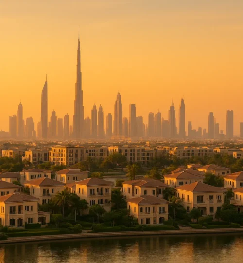 Dubai best off‑plan communities for ROI in 2025 at sunset with skyline and new developments