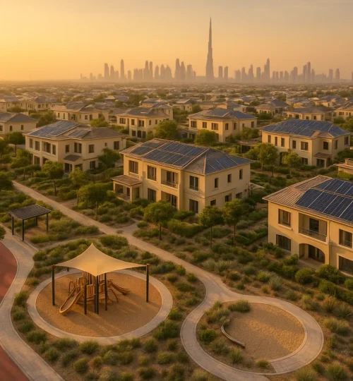Dubai green communities with solar-roof villas, parks, and cycling lanes at sunrise