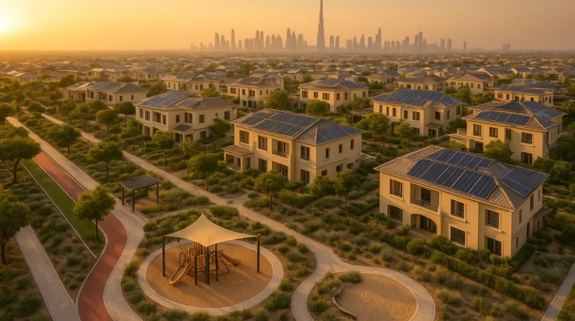 Dubai green communities with solar-roof villas, parks, and cycling lanes at sunrise