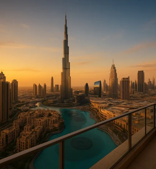 Downtown Dubai apartments overlooking Burj Khalifa and Dubai Fountain at golden hour