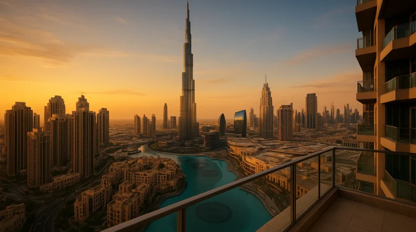 Downtown Dubai apartments overlooking Burj Khalifa and Dubai Fountain at golden hour
