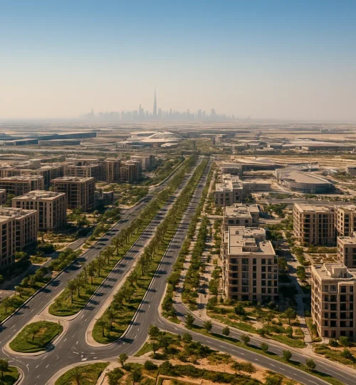 Dubai South & Expo City 2025 skyline at golden hour, showcasing new neighborhoods and investor appeal