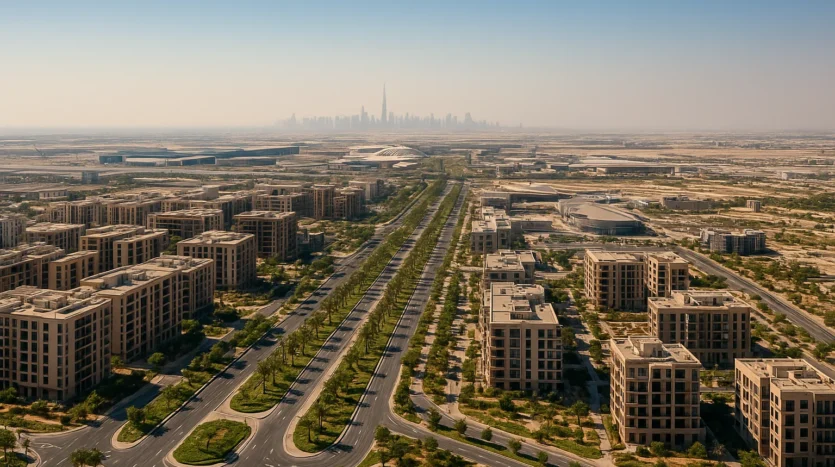 Dubai South & Expo City 2025 skyline at golden hour, showcasing new neighborhoods and investor appeal