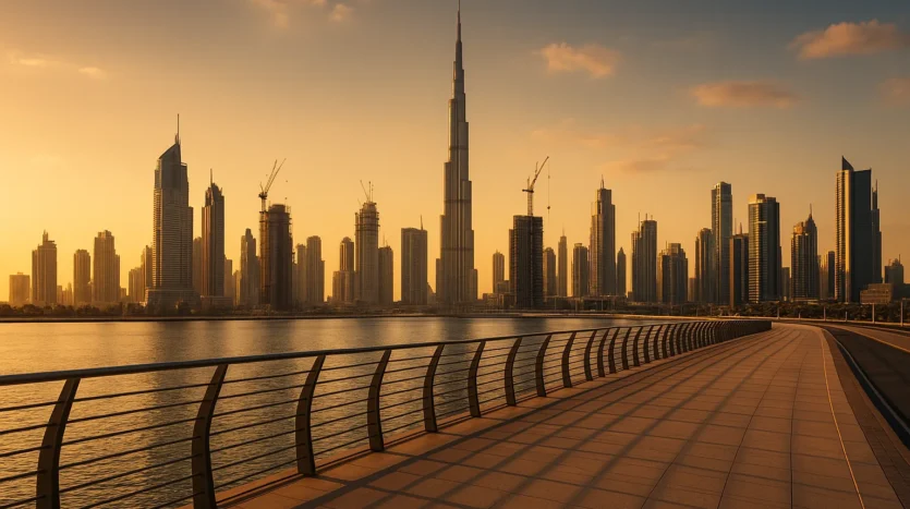 Dubai off-plan buying guide with skyline and cranes at golden hour