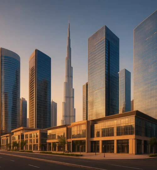 Commercial property for rent in Dubai with Business Bay skyline at sunset