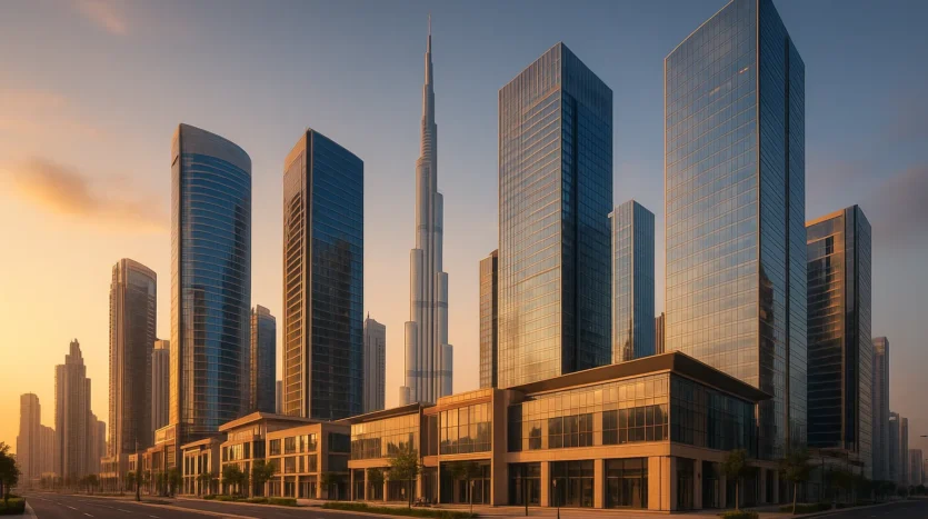 Commercial property for rent in Dubai with Business Bay skyline at sunset