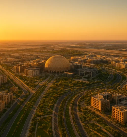 Dubai South & Expo City 2025 skyline at golden hour highlighting new real estate growth