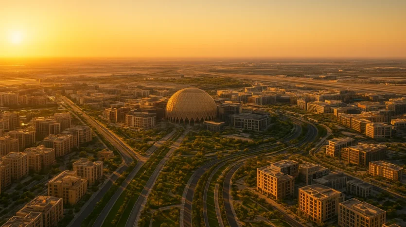 Dubai South & Expo City 2025 skyline at golden hour highlighting new real estate growth