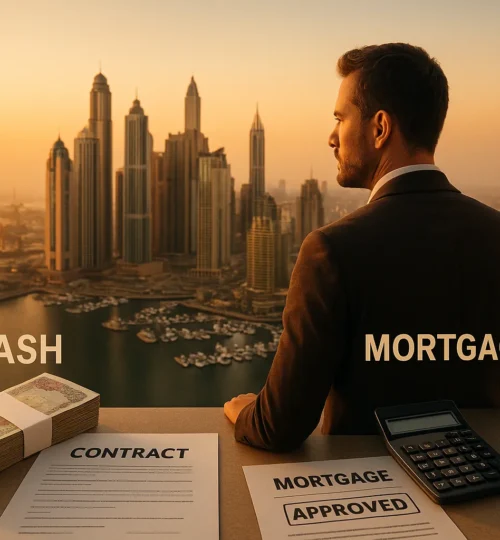 Cash vs mortgage in Dubai 2025 with Marina skyline at sunset