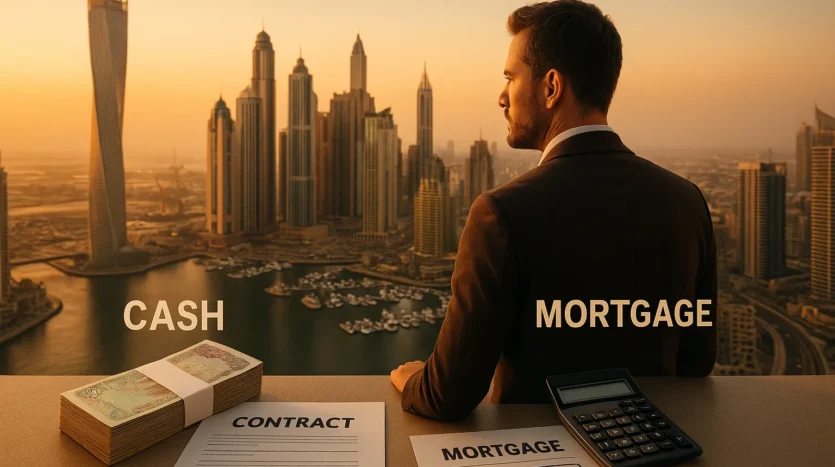 Cash vs mortgage in Dubai 2025 with Marina skyline at sunset