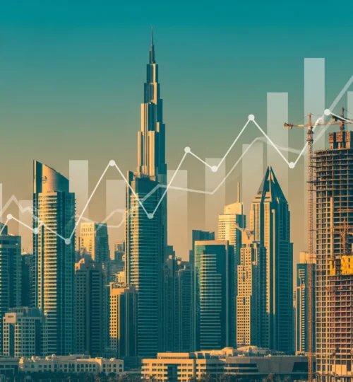 Dubai skyline with cranes and new developments illustrating off‑plan share of sales in 2025.
