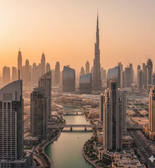 Business Bay vs Downtown Dubai 2025 skyline at golden hour with canal and Burj Khalifa