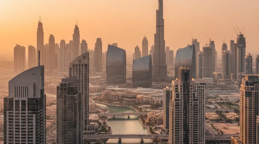 Business Bay vs Downtown Dubai 2025 skyline at golden hour with canal and Burj Khalifa
