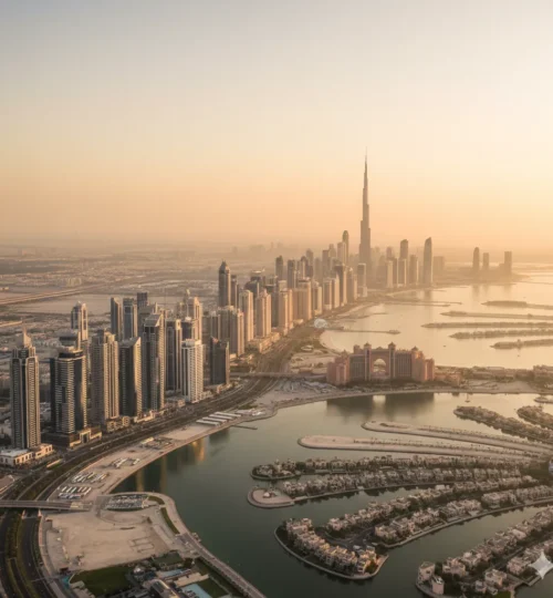 Aerial view of Dubai freehold communities in 2025 with waterfront towers and skyline