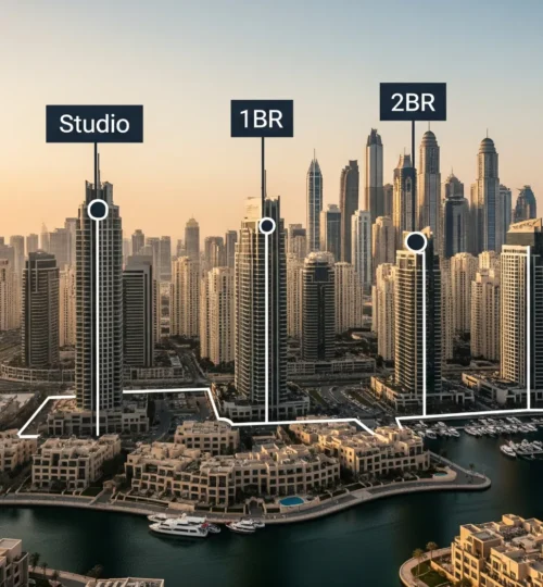Dubai ROI by property type 2025 comparison of studios, 1BR, and 2BR near the Marina skyline