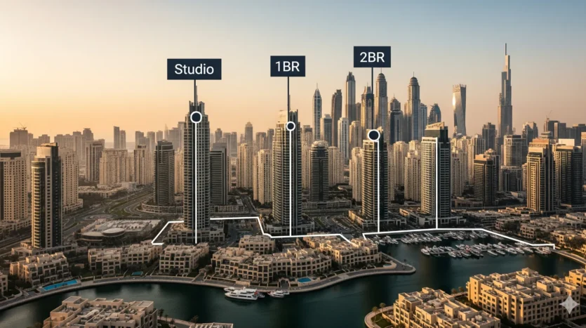 Dubai ROI by property type 2025 comparison of studios, 1BR, and 2BR near the Marina skyline