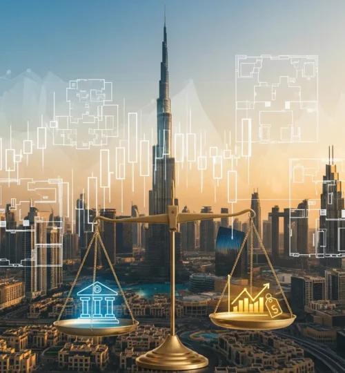 Dubai skyline with financial charts and a balanced scale symbolizing bank valuation versus market pricing for property values in 2025.