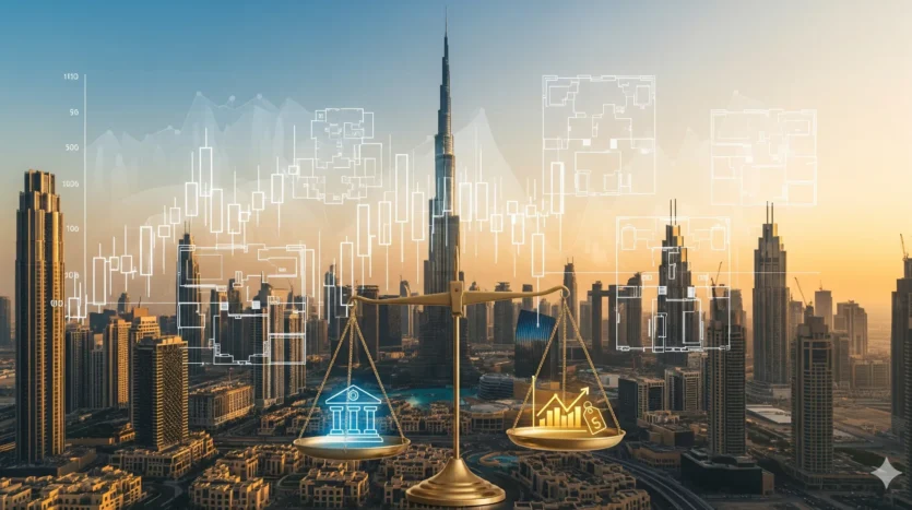 Dubai skyline with financial charts and a balanced scale symbolizing bank valuation versus market pricing for property values in 2025.