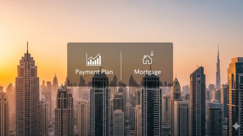 Dubai skyline at sunset illustrating post‑handover plan vs bank mortgage in 2025