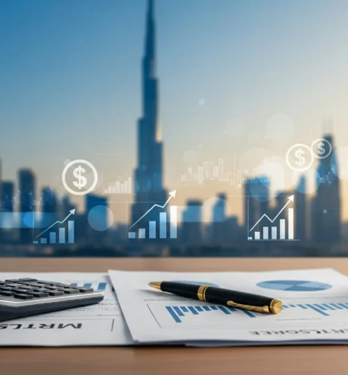 Dubai skyline with mortgage documents on a desk, illustrating the best banks for Dubai mortgages in 2025, fees and valuation considerations.