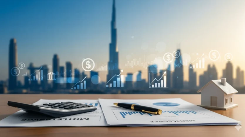 Dubai skyline with mortgage documents on a desk, illustrating the best banks for Dubai mortgages in 2025, fees and valuation considerations.