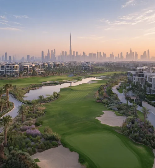 Dubai Hills Estate investment 2025 view with golf course and Dubai skyline