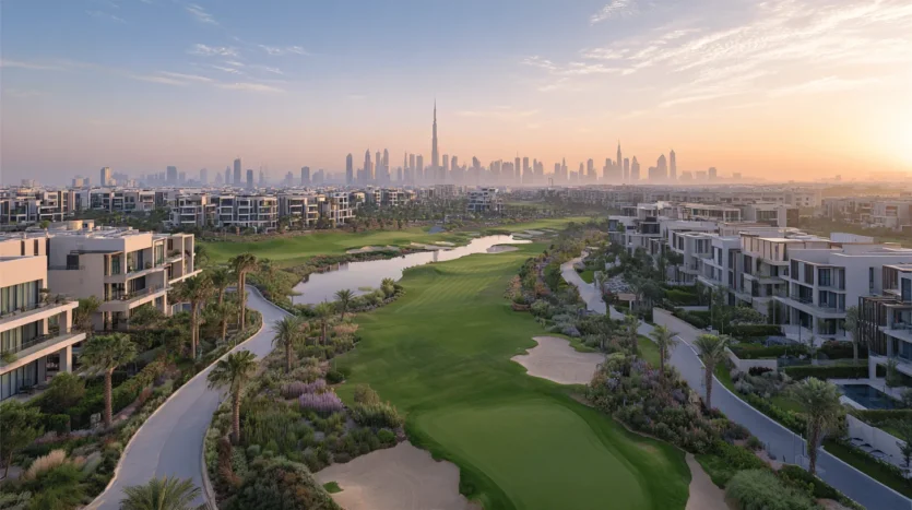 Dubai Hills Estate investment 2025 view with golf course and Dubai skyline