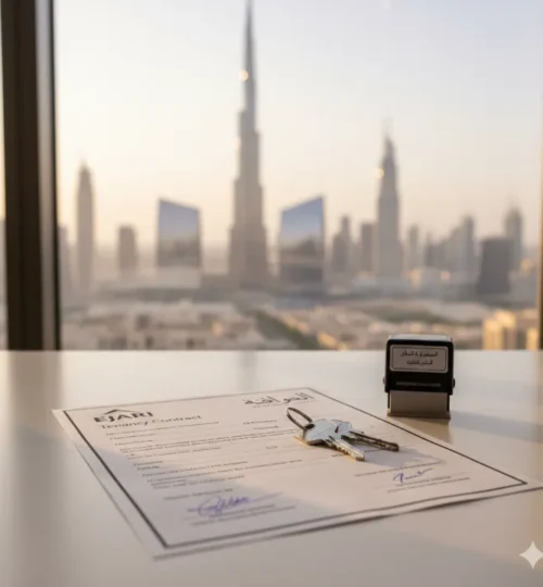 Dubai Ejari document on a desk, symbolizing landlord and tenant compliance
