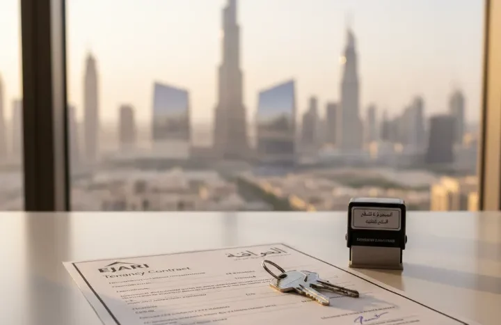 Dubai Ejari document on a desk, symbolizing landlord and tenant compliance