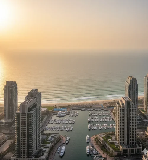 Dubai Emaar Beachfront prices and yields overview with modern waterfront towers and calm Gulf waters