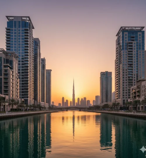 Business Bay apartments in Dubai along the canal at sunset with skyline views