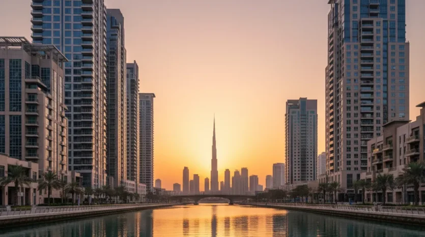 Business Bay apartments in Dubai along the canal at sunset with skyline views