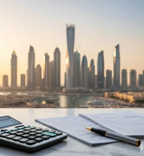 Dubai property fees 2025 explained with Dubai Marina skyline at sunrise